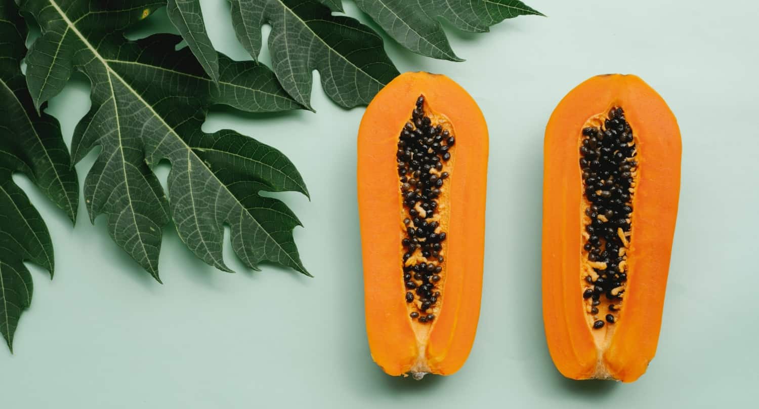 Two pieces of ripe papaya with papaya leaves